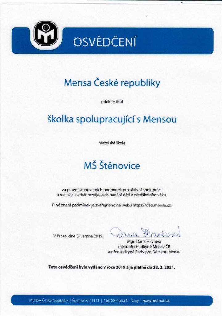 Certifikát - Mensa České republiky