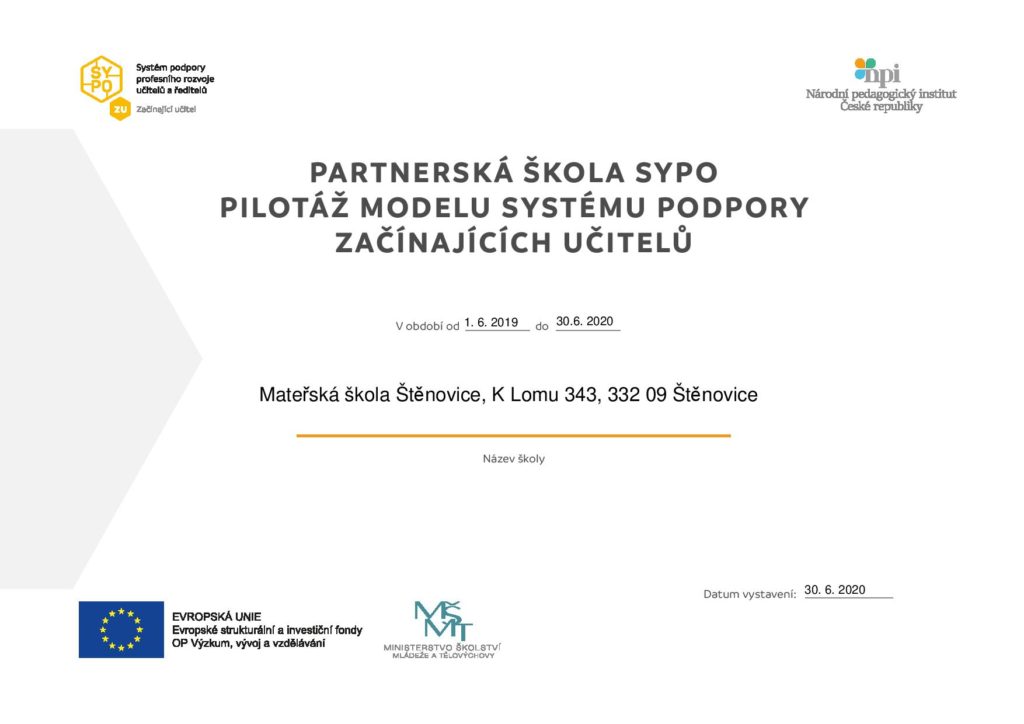 Certifikát - Partnerská škola