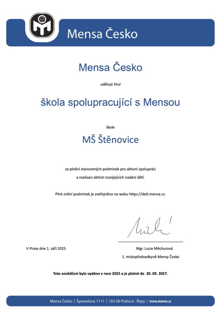 Certifikát - Školka spolupracující s Mensou